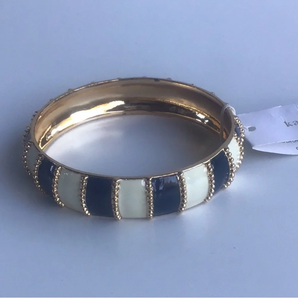 Kate Spade Gold, white ivory and Navy Striped beaded Bracelet chunky bangle - Picture 4 of 16